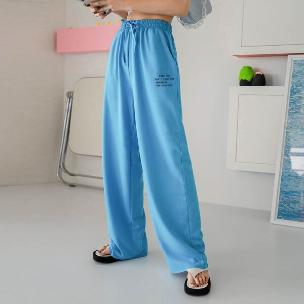 

Slogan Graphic Drawstring Waist Sweatpants, Blue