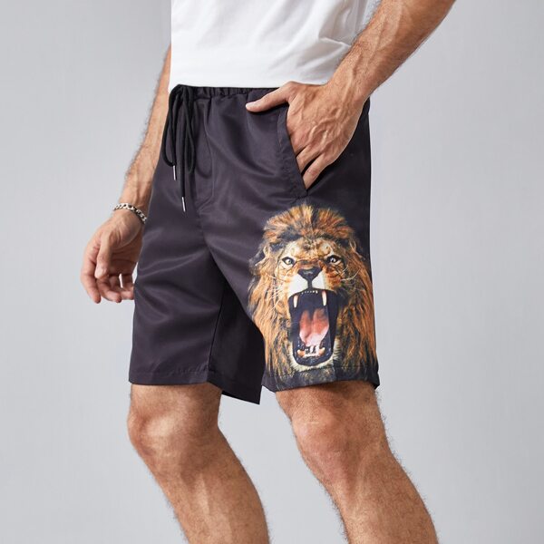 

Men Lion Print Shorts, Black