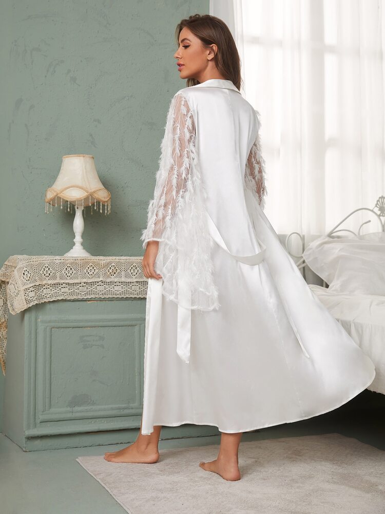 SHEIN 翻領毛絨網紗鐘形袖腰帶緞面睡袍 - 白色 - 查看 2