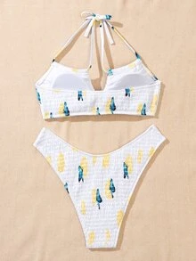 Butterfly Print Smocked Halter Bikini Set, For Summer Beach Vacation - White - View 2
