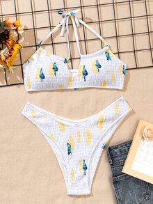 Butterfly Print Smocked Halter Bikini Set, For Summer Beach Vacation - White - View 1