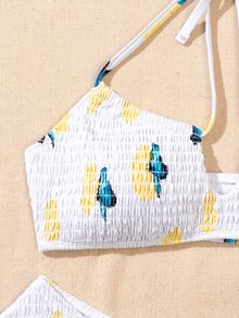 Butterfly Print Smocked Halter Bikini Set, For Summer Beach Vacation - White - View 3