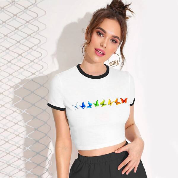 

Butterfly Print Contrast Binding Tee, White