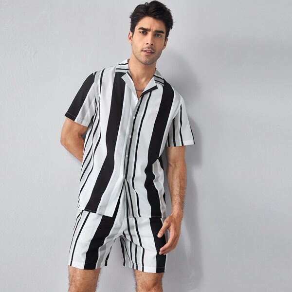 

Men Revere Collar Striped Shirt & Shorts Set, Black and white