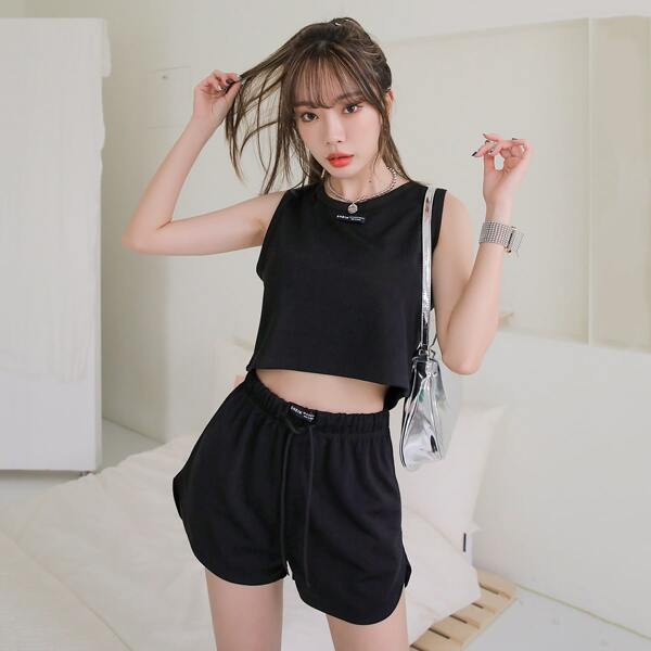 

Letter Patched Tank Top & Drawstring Shorts, Black