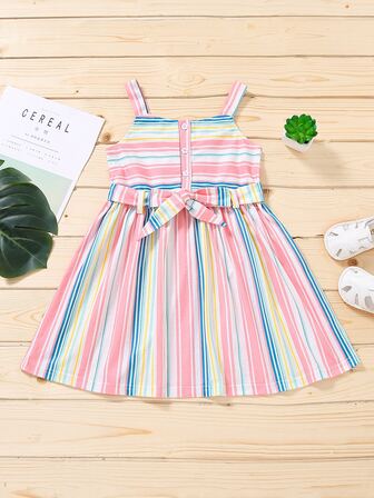 فستان كامي بحزام وبأزرار امامي مخطط للبنات الصغار