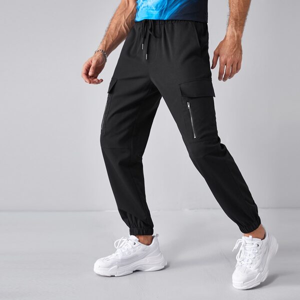 

Men Drawstring Waist Flap Pocket Cargo Pants, Black