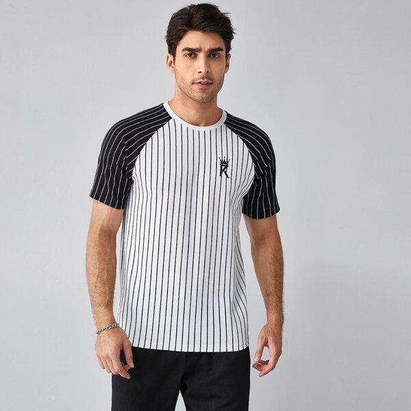 

Men Colorblock Raglan Sleeve Striped Tee, Black and white