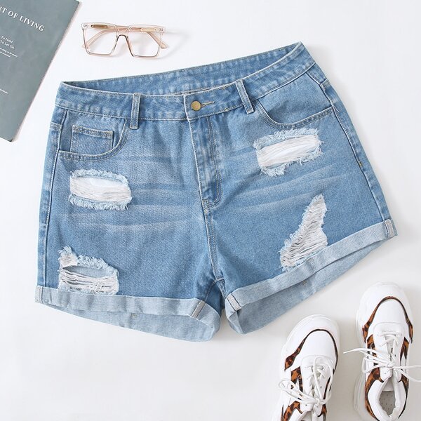 

Plus Ripped Roll Hem Denim Shorts, Light wash