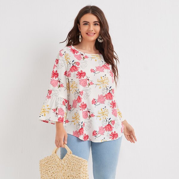 

Plus Floral Print Flounce Sleeve Blouse, Multicolor