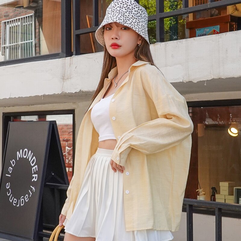 

1pc Drop Shoulder Button Up Blouse, Yellow pastel