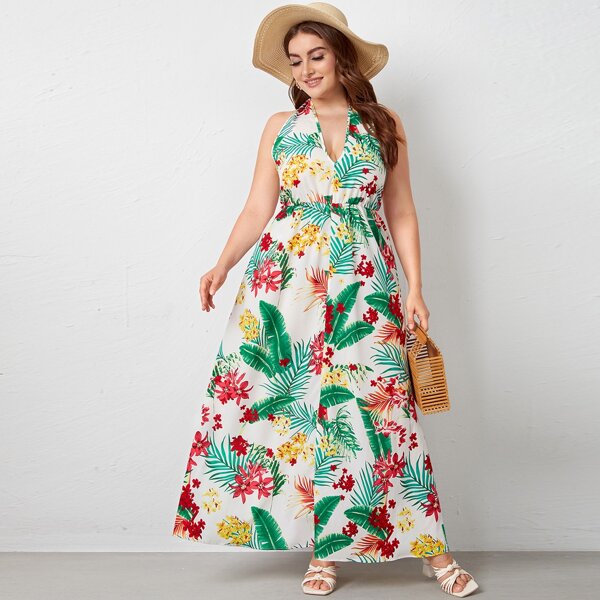 

Plus Floral & Tropical Print Backless Halter Dress, Multicolor