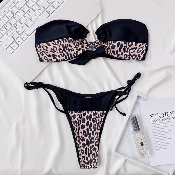 

Leopard Print Ring Linked Bandeau Bikini Swimsuit, Multicolor