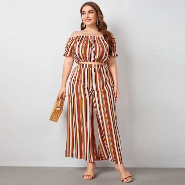 

Plus Striped Knot Crop Top With Pants, Multicolor