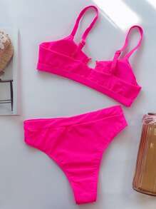 SHEIN Swim 夏季沙灘環鏈高腰比基尼套裝 - 玫紅色 - 查看 2