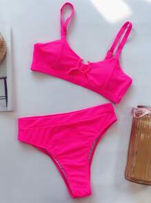 SHEIN Swim 夏季沙灘環鏈高腰比基尼套裝 - 玫紅色 - 查看 3