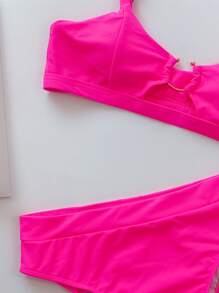 SHEIN Swim 夏季沙灘環鏈高腰比基尼套裝 - 玫紅色 - 查看 4