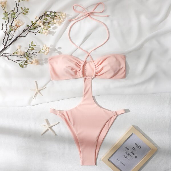 

Cut-out Crisscross Halter One Piece Swimsuit, Baby pink