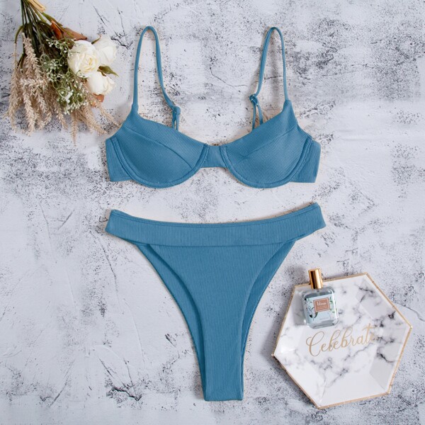 

Rib Underwire Bikini Swimsuit, Blue
