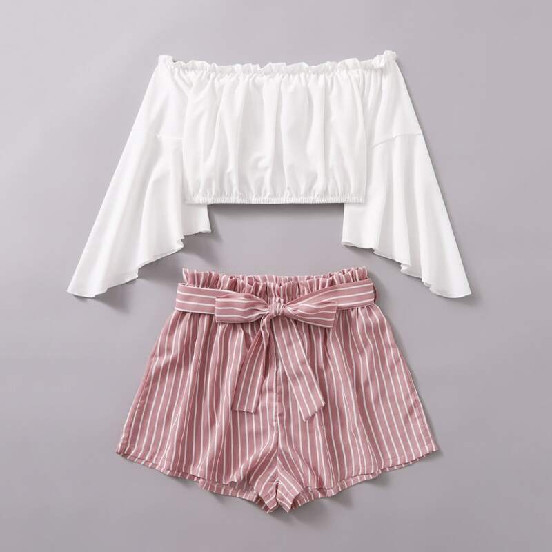

Off The Shoulder Blouse & Striped Belted Shorts, Multicolor
