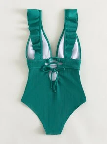 Traje de baño de una pieza con ribete de volantes para vacaciones de verano en la playa - Verde - Ver 2