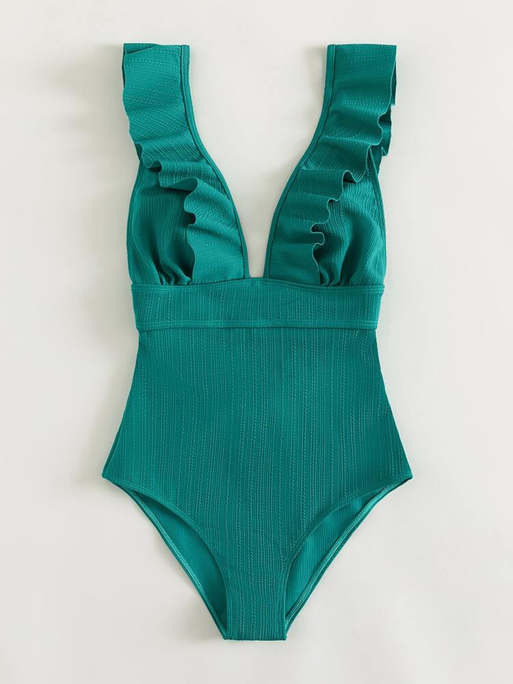 Ruffle Trim One-Piece Swimsuit, For Summer Beach Vacation - Green - View 3
