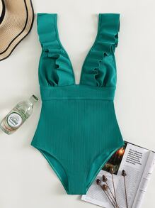 Traje de baño de una pieza con ribete de volantes para vacaciones de verano en la playa - Verde - Ver 6