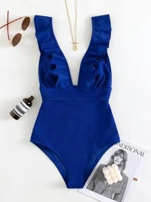 SHEIN Swim Ruffle Trim One Piece Swimsuit Summer - Royal Blue - View 4