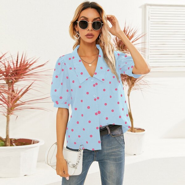 

Puff Sleeve Button Front Top, Baby blue