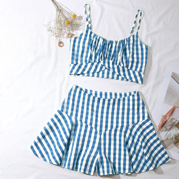 

Gingham Ruched Bust Cami Top & Shorts, Blue and white