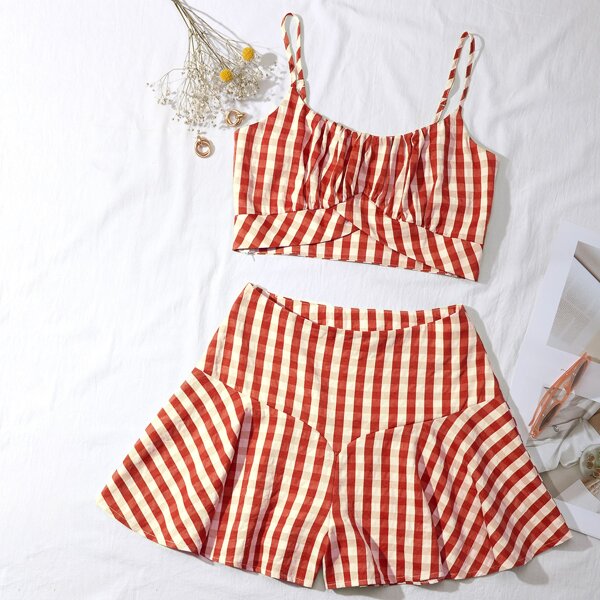 

Gingham Print Crop Cami Top & Shorts, Red and white