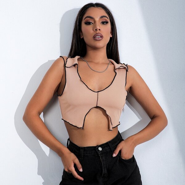 

Contrast Binding Crop Tank Top, Baby pink