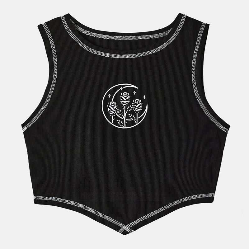 

Stitching Trim Floral Graphic Tank Top, Black