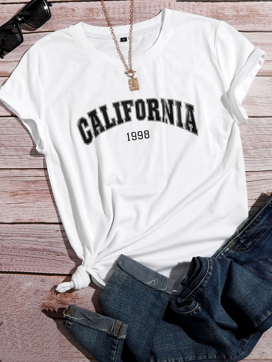 SHEIN Essnce Letter Graphic Short Sleeve Tee - White - View 1