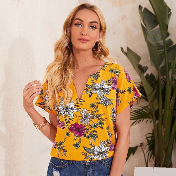 

Floral Print Notched Neckline Top, Multicolor