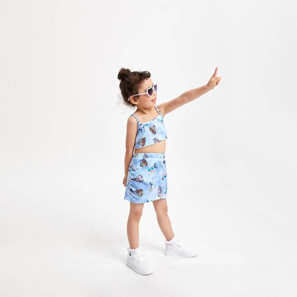 

Toddler Girls Butterfly Print Tie Dye Cami Top With Skirt, Baby blue