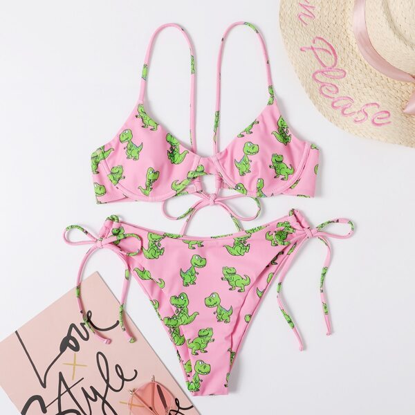 

Dinosaur Print Underwire Tie Side Bikini Swimsuit, Multicolor