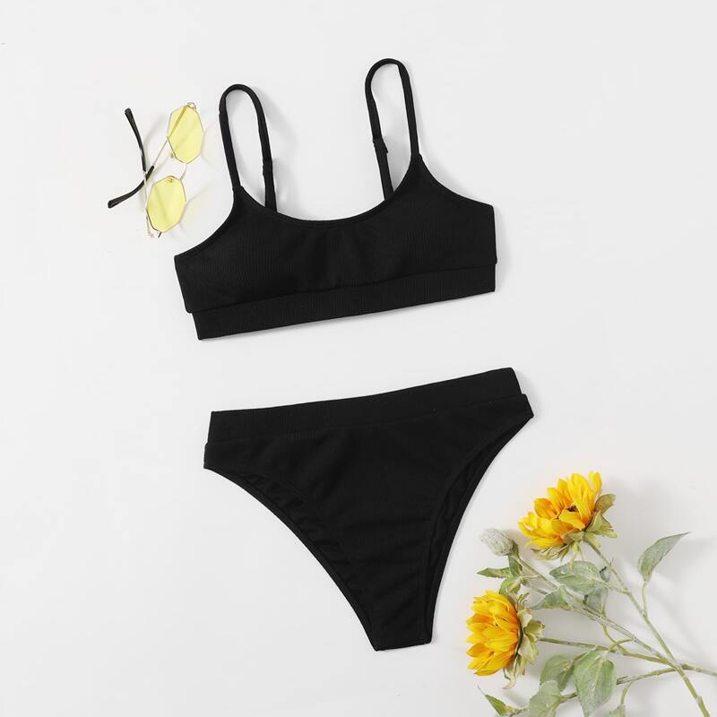 

Solid Rib Bikini Swimsuit, Black