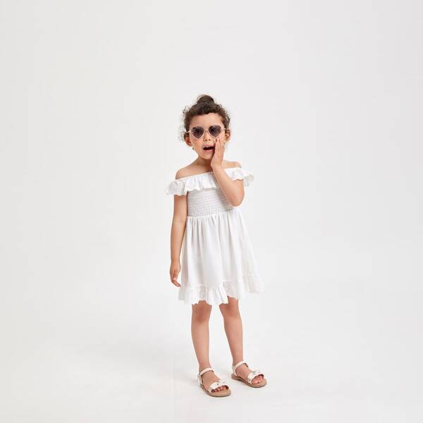 

Toddler Girls Schiffy Ruffle Shirred Ruffle Hem Dress, White
