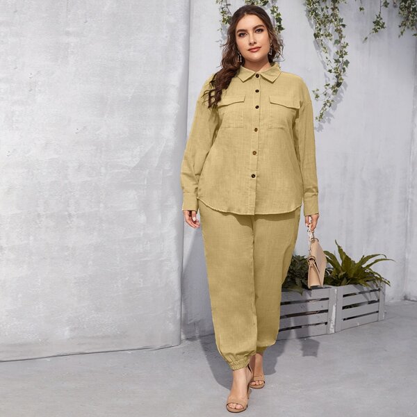

Plus Solid Flap Pocket Blouse & Carrot Pants, Khaki