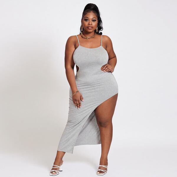 

Plus Cut Out Asymmetrical Hem Cami Dress, Light grey