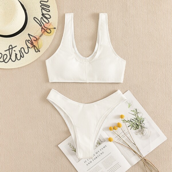 

Textured Scoop Neck Bikini Swimsuit, White