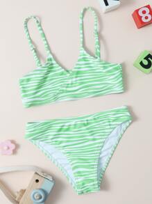 Tween Girl Zebra Stripe Bikini Set Summer Beach - Green - View 1