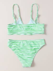 Tween Girl Zebra Stripe Bikini Set Summer Beach - Green - View 2