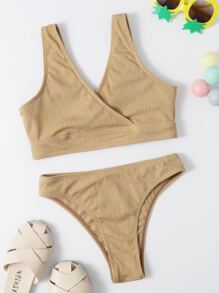 Conjunto de bikini con cuello cruzado acanalado para niña preadolescente, playa de verano