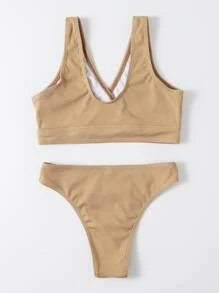 Conjunto de bikini con cuello cruzado acanalado para niña preadolescente, playa de verano