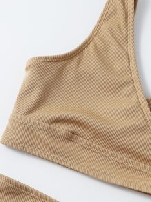 Conjunto de bikini con cuello cruzado acanalado para niña preadolescente, playa de verano