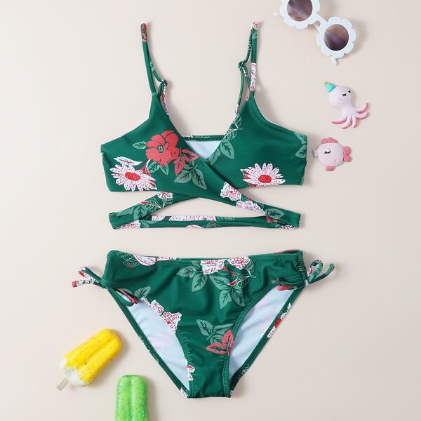 

Girls Random Floral Crisscross Bikini Swimsuit, Green