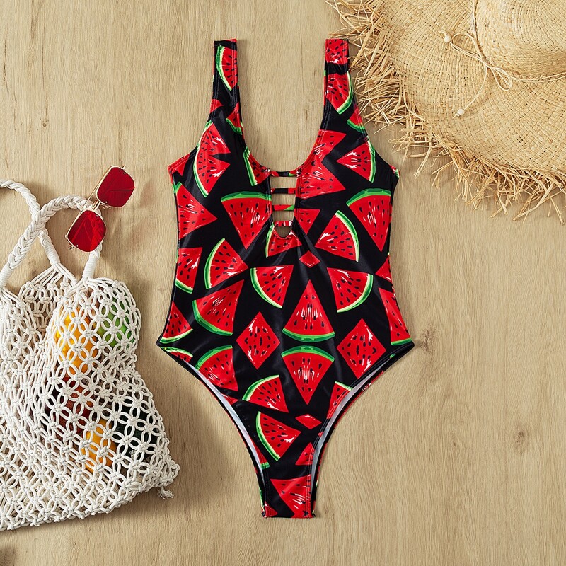 

Watermelon Print Cut-out One Piece Swimsuit, Multicolor