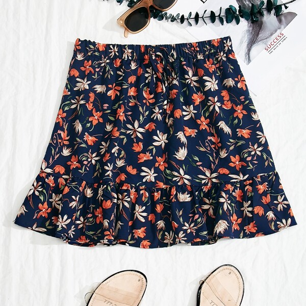 

Allover Floral Ruffle Hem Skirt, Multicolor